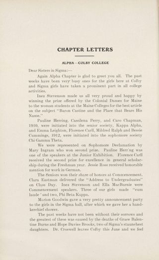 Chapter Letters: Alpha - Colby College, July 1909