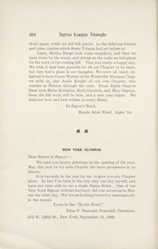 Chapter Letters: New York Alumnae, October 1909