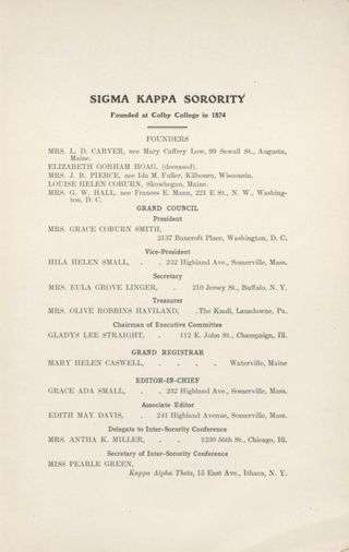 Sigma Kappa Sorority Directory, October 1909