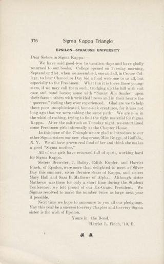 Chapter Letters: Epsilon - Syracuse University, October 1909