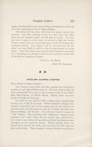 Chapter Letters: Portland Alumnae Chapter, October 1909