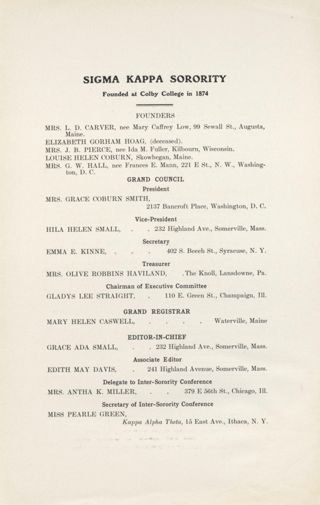 Sigma Kappa Sorority Directory, April 1909