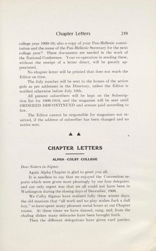 Chapter Letters: Alpha - Colby College, April 1909