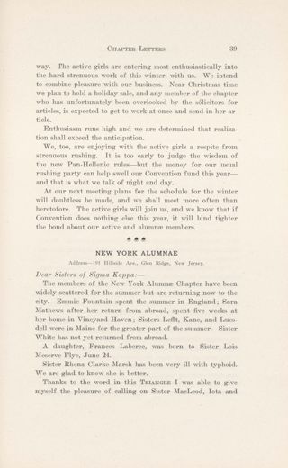 Chapter Letters: New York Alumnae, November 1910