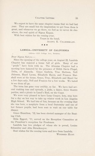 Chapter Letters: Lambda - University of California, November 1910