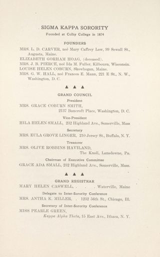 Sigma Kappa Sorority Directory, November 1910