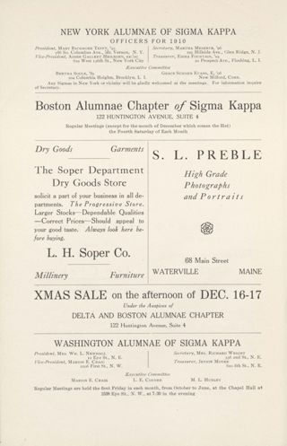 New York Alumnae of Sigma Kappa Advertisement, November 1910