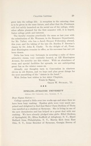 Chapter Letters: Epsilon - Syracuse University, November 1910