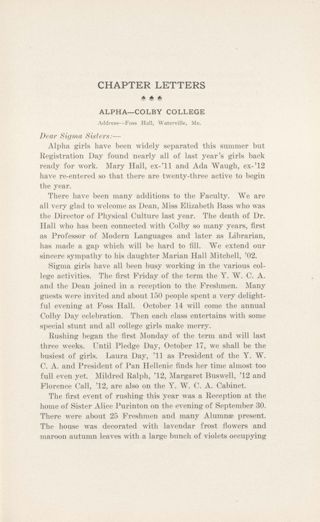 Chapter Letters: Alpha - Colby College, November 1910