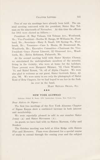 Chapter Letters: New York Alumnae, February 1911