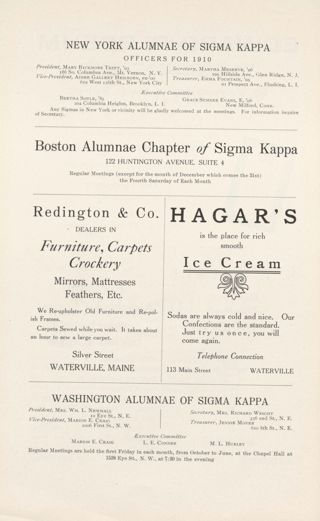 New York Alumnae of Sigma Kappa Advertisement, February 1911