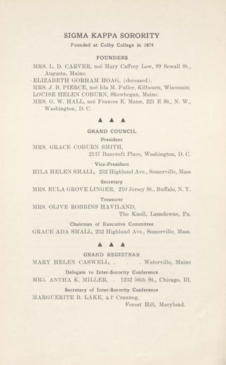 Sigma Kappa Sorority Directory, May 1911