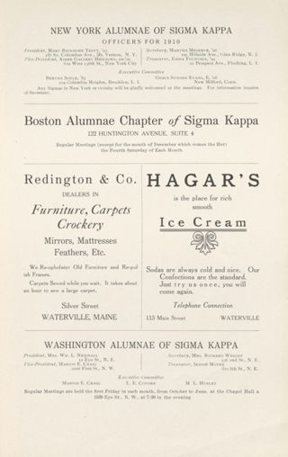 New York Alumnae of Sigma Kappa Advertisement, May 1911