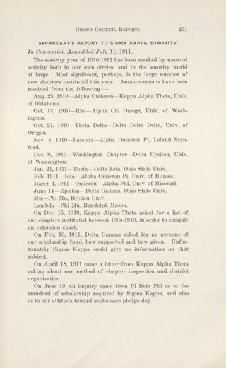 Grand Council Reports: Secretary's Report to Sigma Kappa Sorority, August 1911