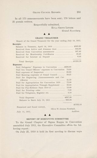 Grand Council Reports: Grand Treasurer, August 1911