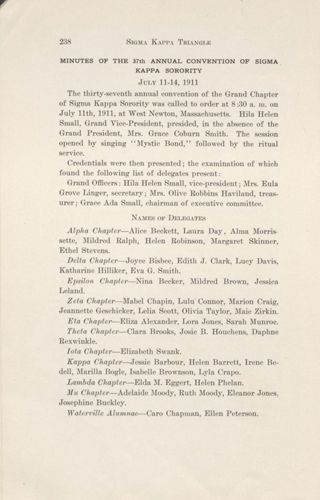 Minutes of the 37th Annual Convention of Sigma Kappa Sorority,  July 11-14, 1911