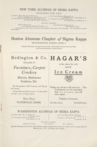 New York Alumnae of Sigma Kappa Advertisement, August 1911