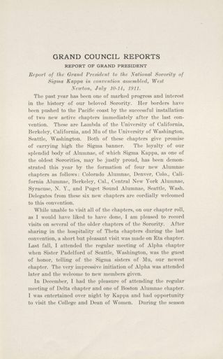 Grand Council Reports: Report of Grand President, August 1911