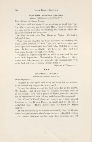 Chapter Letters: New York Alumnae Chapter, August 1911