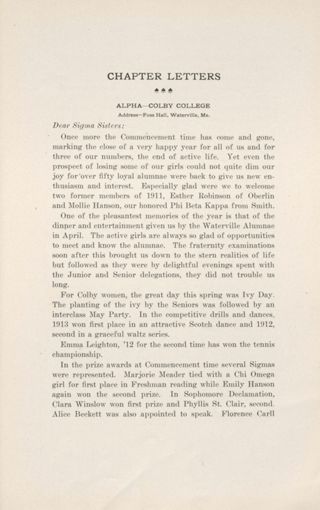 Chapter Letters: Alpha - Colby College, August 1911