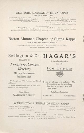 New York Alumnae of Sigma Kappa Advertisement, November 1911