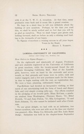 Chapter Letters: Lambda - University of California, November 1911