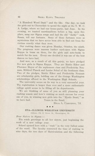 Chapter Letters: Eta - Illinois Wesleyan University, November 1911