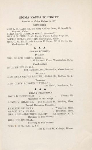 Sigma Kappa Sorority Directory, February 1912