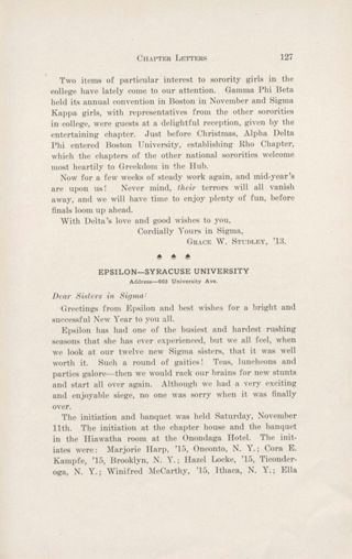 Chapter Letters: Epsilon - Syracuse University, February 1912