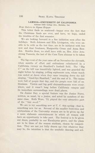 Chapter Letters: Lambda - University of California, February 1912