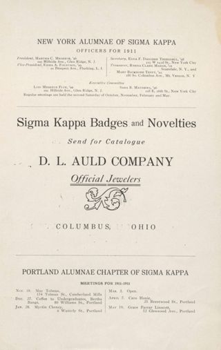 New York Alumnae of Sigma Kappa Advertisement, February 1912