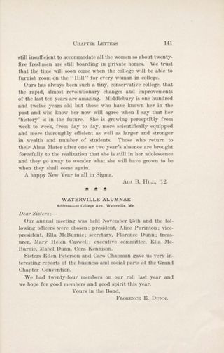 Chapter Letters: Waterville Alumnae, February 1912