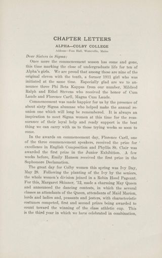 Chapter Letters: Alpha - Colby College, August 1912