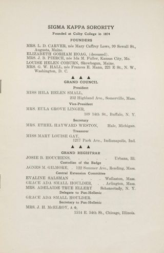 Sigma Kappa Sorority Directory, August 1912