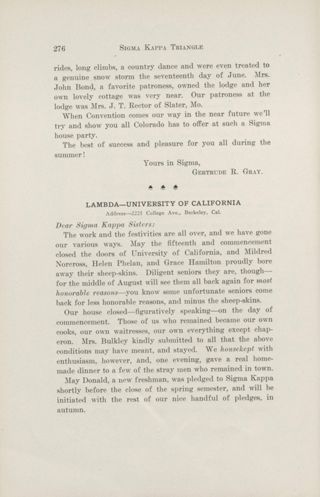 Chapter Letters: Lambda - University of California, August 1912