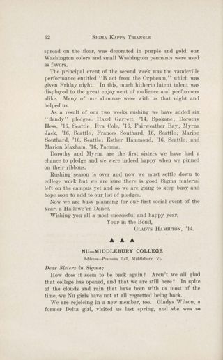 Chapter Letters: Nu - Middlebury College, November 1912