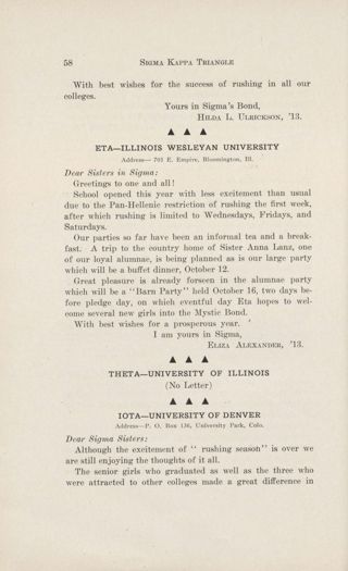 Chapter Letters: Eta - Illinois Wesleyan University, November 1912