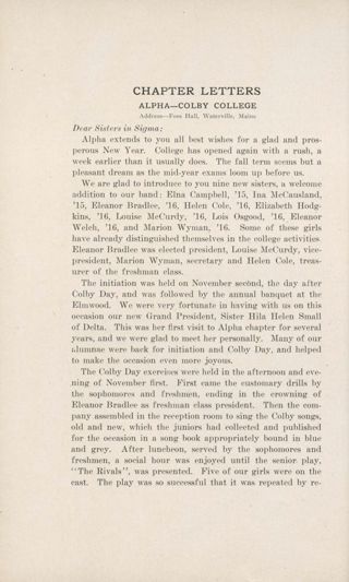 Chapter Letters: Alpha - Colby College, February 1913