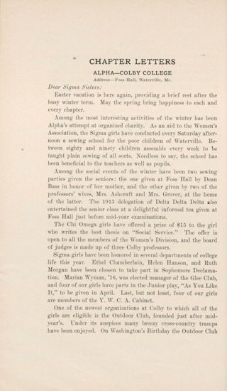 Chapter Letters: Alpha - Colby College, May 1913