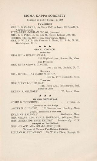 Sigma Kappa Sorority Directory, May 1913