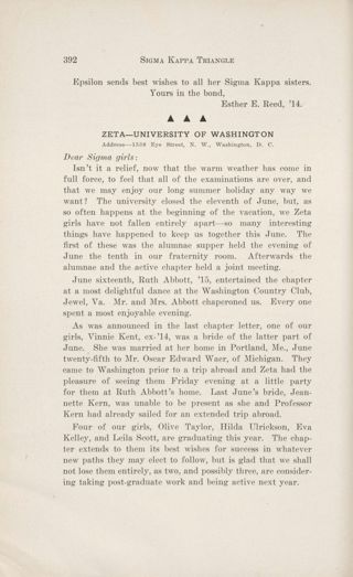 With Our Active Chapters: Chapter Letters: Zeta - University of Washington, September 1913