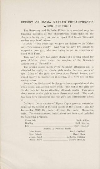 Report of Sigma Kappa's Philanthropic Work for 1912-13