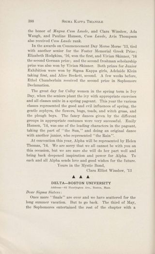 With Our Active Chapters: Chapter Letters: Delta - Boston University, September 1913