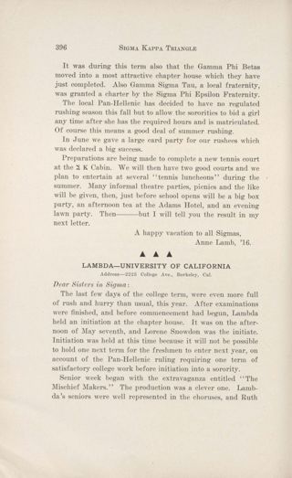 With Our Active Chapters: Chapter Letters: Lambda - University of California, September 1913