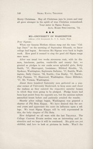 Chapter Letters: Mu - University of Washington, December 1913