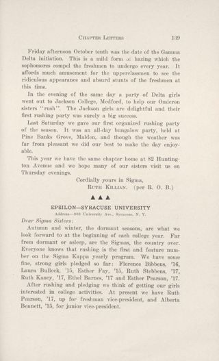 Chapter Letters: Epsilon - Syracuse University, December 1913