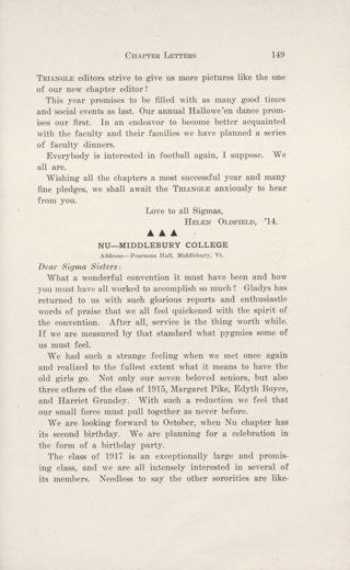 Chapter Letters: Nu - Middlebury College, December 1913