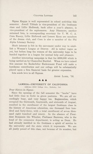 Chapter Letters: Lambda - University of California, December 1913