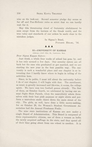 Chapter Letters: Xi - University of Kansas, December 1913