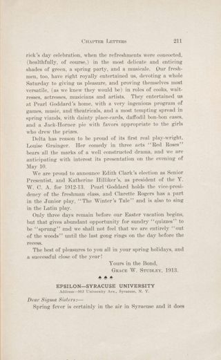 Chapter Letters: Epsilon - Syracuse University, May 1912